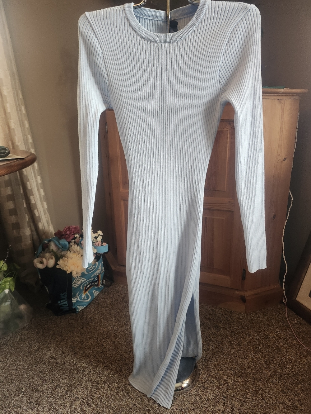 Alya Ribbed Long Sleeve Maxi Dress in Light Blue